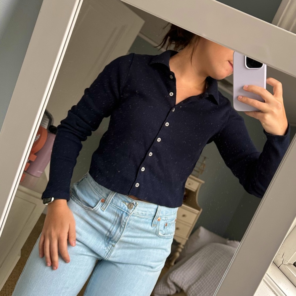 Brandy Melville Top, Navy Blue Button Up with a Collar